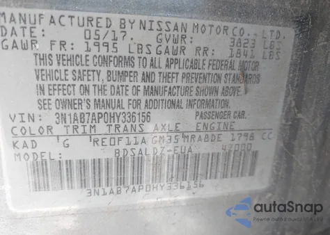 2017 Nissan Sentra Sv z USA, uszkodzony, nr VIN 3N1AB7AP0HY336156